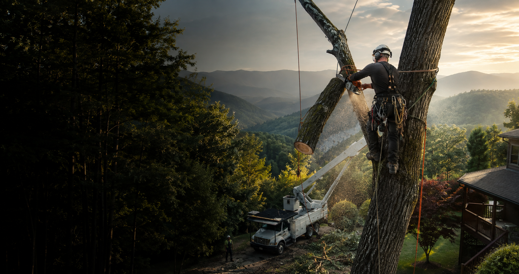 Professional arborist safely removing a large tree in the Blue Ridge Mountains